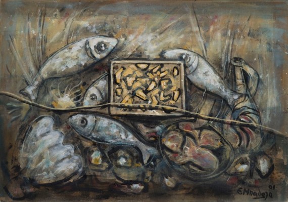 «Νεκρή φύση με ψάρια» 2001, λάδι σε μουσαμά, 70 Χ 100 εκ., αρ. κτ. 670