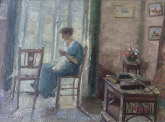 Το κέντημα, 1960, λάδι σε χαρτόνι, 32.4 Χ 41.8 εκ., αρ. κτ. 4389